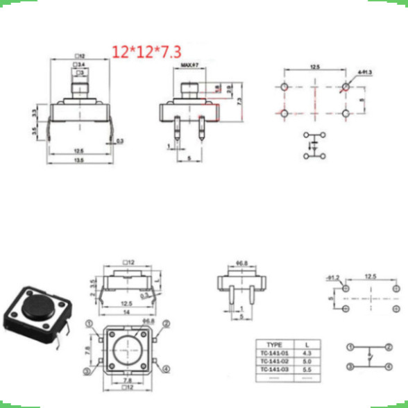 [Giá bán sỉ] (20 cái) Nút nhấn 12x12mm 4 chân cắm đứng cao 4.3 - 20mm