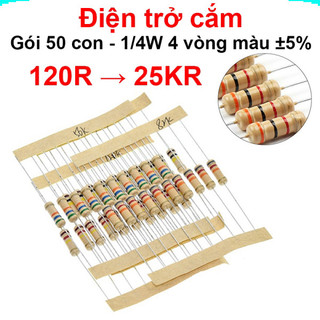 [Ưu đãi] (100 cái) Điện trở cắm 1/4W 4 vòng màu ±5% - giá trị 120R đến 25KR