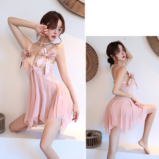Váy ngủ ren lưới đính nơ mở ngực xuyên thấu gợi cảm DN100 Đầm ngủ 2 dây kèm quần lót lọt khe quyến rũ, Đồ ngủ sexy