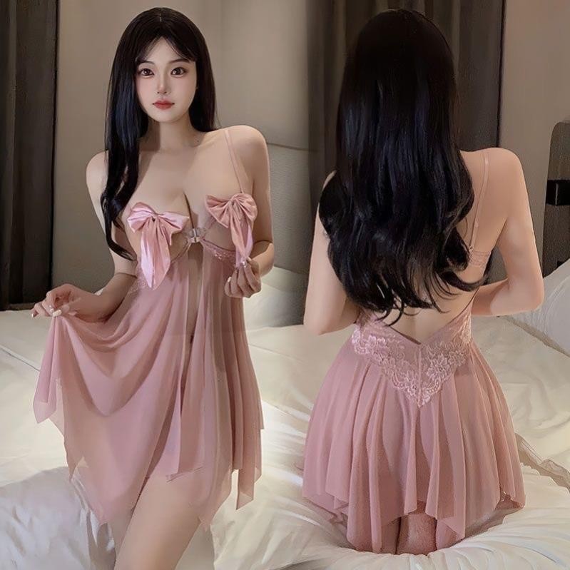 Váy ngủ ren lưới đính nơ mở ngực xuyên thấu gợi cảm DN100 Đầm ngủ 2 dây kèm quần lót lọt khe quyến rũ, Đồ ngủ sexy