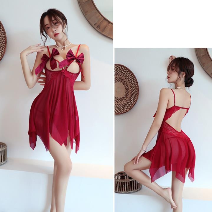 Váy ngủ ren lưới đính nơ mở ngực xuyên thấu gợi cảm DN100 Đầm ngủ 2 dây kèm quần lót lọt khe quyến rũ, Đồ ngủ sexy