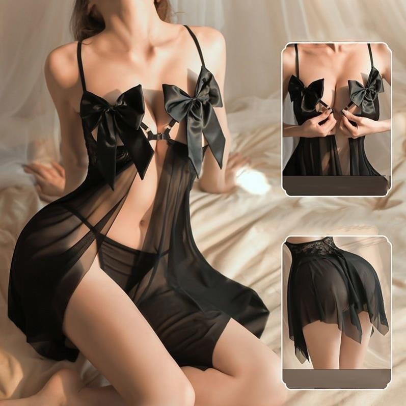 Váy ngủ ren lưới đính nơ mở ngực xuyên thấu gợi cảm DN100 Đầm ngủ 2 dây kèm quần lót lọt khe quyến rũ, Đồ ngủ sexy