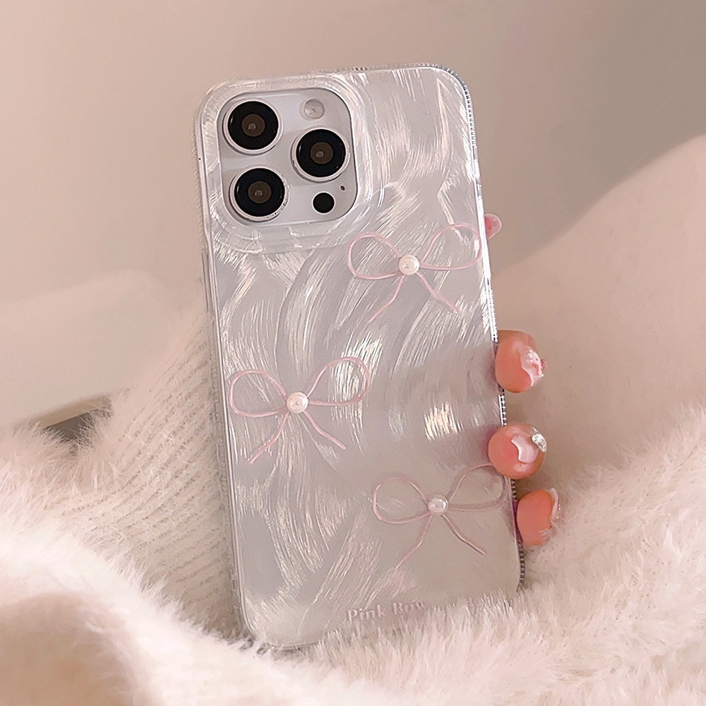 Ốp Lưng iPhone Silicon Pink Bow 3D Ánh Bạc, Chống Sốc, Bảo Vệ Camera- iP 8/X/XS/XR/11/12/13/14/15/16/17/Plus/Air/Pro/Max