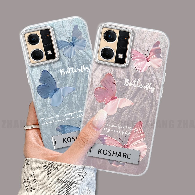 Ốp Lưng Cho OPPO Reno 7 4G Reno 8 4G Silicon TPU Lông Vũ Sợi Màu Gradient Vỏ Điện Thoại Họa Tiết Bướm Điện Thoại Mềm Có Giá Đỡ Điện Thoại