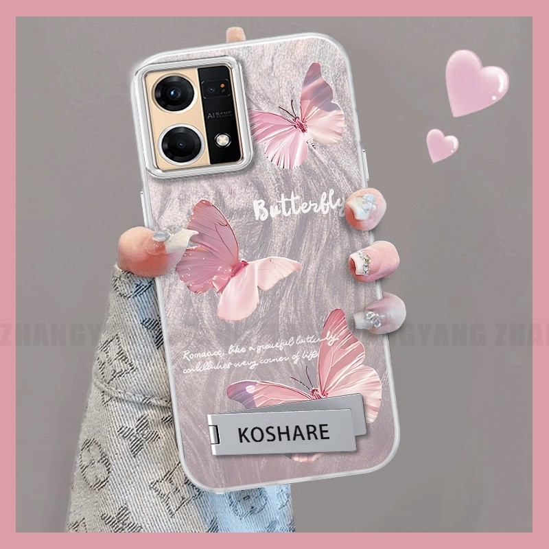 Ốp Lưng Cho OPPO Reno 7 4G Reno 8 4G Silicon TPU Lông Vũ Sợi Màu Gradient Vỏ Điện Thoại Họa Tiết Bướm Điện Thoại Mềm Có Giá Đỡ Điện Thoại
