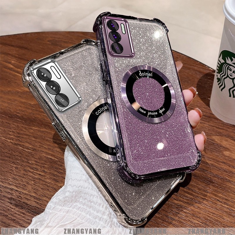 Ốp Lưng Cho OPPO A16 Mạ Điện Bốn Góc Chống Rơi Bột flash Vỏ Điện Thoại Hút Từ Tính Thẩm Mỹ Thiết Kế Mới TPU Mềm case