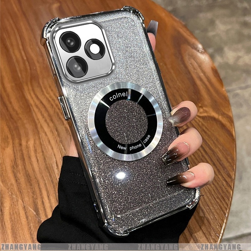 Ốp Lưng Cho Tecno spark Go 2024 spark 20 spark 20c Mạ Điện Bốn Góc Chống Rơi Bột Đèn flash Vỏ Điện Thoại Hút Từ Tính Thẩm Mỹ Thiết Kế Mới TPU Mềm case