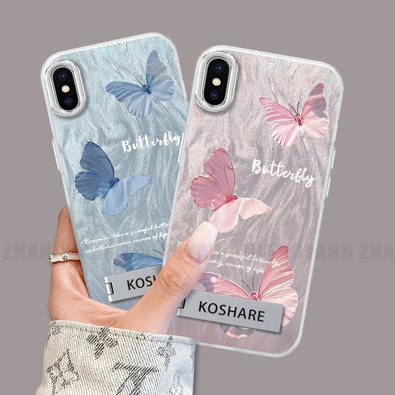 Ốp Lưng Cho iPhone X Xs Xr Xs Max Silicone TPU Lông Vũ Sợi Màu Gradient Vỏ Điện Thoại Họa Tiết Bướm Điện Thoại Mềm Có Giá Đỡ Điện Thoại