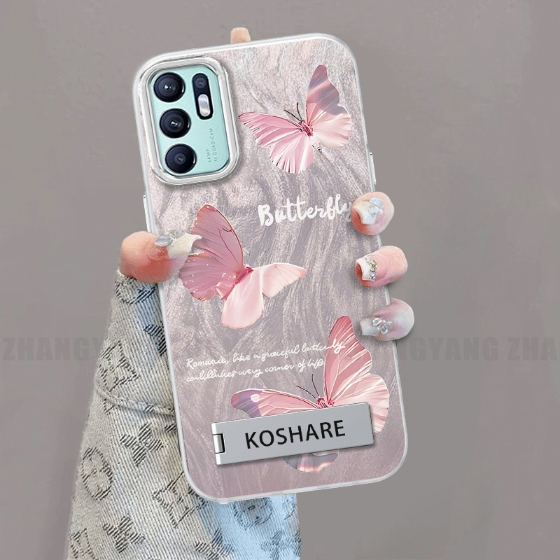 Ốp Lưng Cho OPPO RENO 6Z 5G RENO 6 5G RENO 5Z 5G RENO 6 4G Silicone TPU Lông Vũ Sợi Màu Gradient Vỏ Điện Thoại Họa Tiết Bướm Điện Thoại Mềm Có Chân Đế Điện Thoại