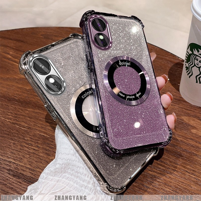 Ốp Lưng Cho OPPO A78 5G A58 5G Mạ Điện Bốn Góc Chống Rơi Bột flash Vỏ Điện Thoại Hút Từ Tính Thẩm Mỹ Thiết Kế Mới TPU Mềm case