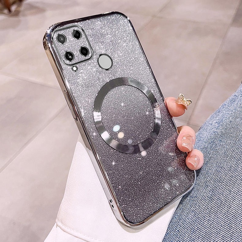 Ốp lưng Realme C15 C12 C25 C25S Narzo 30A Vỏ điện thoại lấp lánh mạ có ống kính hút từ tính và chống rơi để bảo hiểm toàn diện