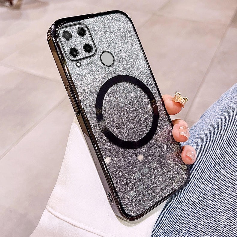 Ốp lưng Realme C15 C12 C25 C25S Narzo 30A Vỏ điện thoại lấp lánh mạ có ống kính hút từ tính và chống rơi để bảo hiểm toàn diện