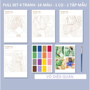 Set 4 bức tranh tô màu nước khổ A4 - Tranh tô màu phong cảnh hoa lá - thiếu nữ thanh xuân.