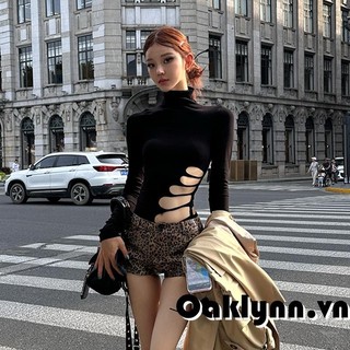 Áo thun nữ dài tay cắt ra Slim Solid Cổ cao Áo thường ngày mùa thu dạo phố