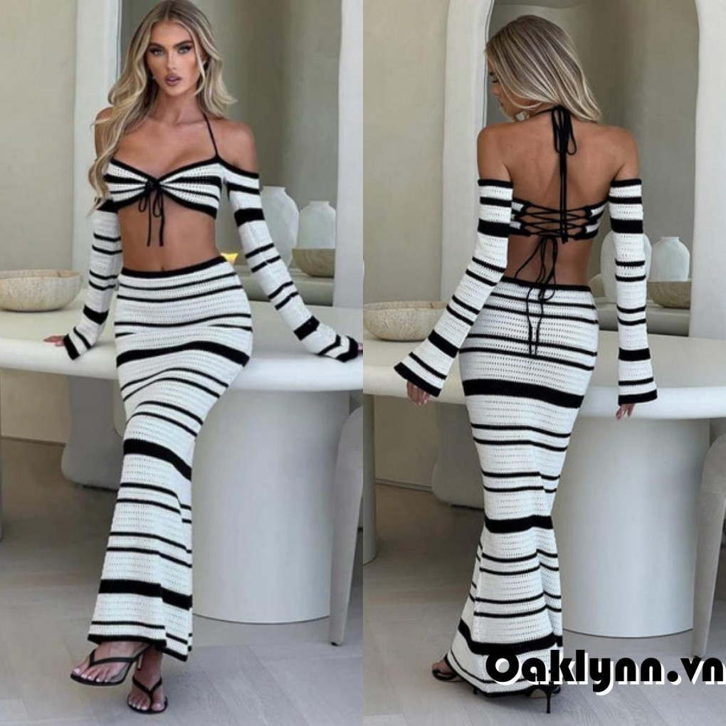 Bộ váy 2 mảnh dành cho nữ Bộ váy dây cổ dệt kim sọc dài Bộ váy Skinny