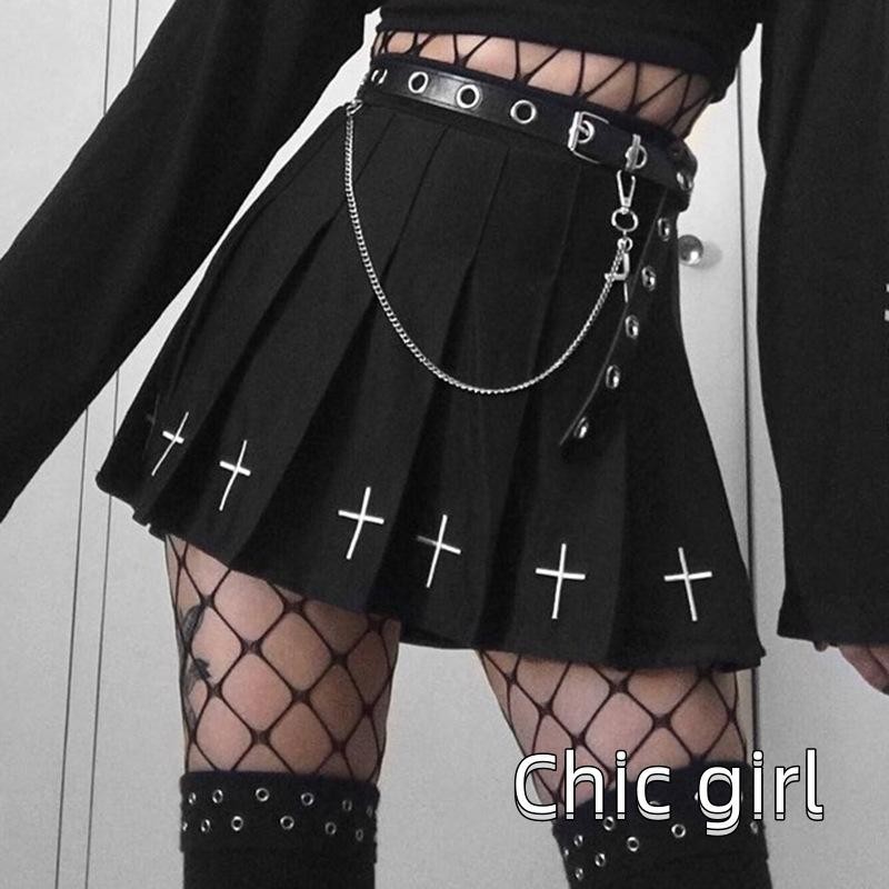 Phụ nữ cạp cao Gothic Punk Váy Mini nữ họa tiết chữ thập xếp li
