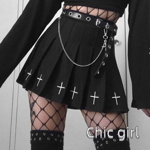Phụ nữ cạp cao Gothic Punk Váy Mini nữ họa tiết chữ thập xếp li