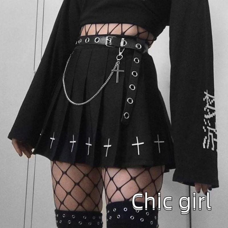 Phụ nữ cạp cao Gothic Punk Váy Mini nữ họa tiết chữ thập xếp li