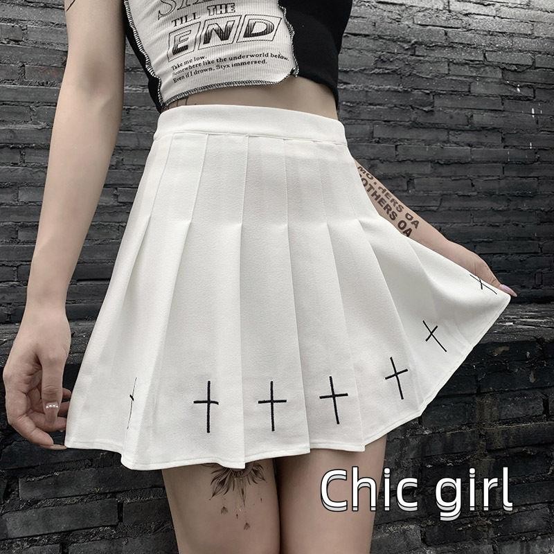 Phụ nữ cạp cao Gothic Punk Váy Mini nữ họa tiết chữ thập xếp li