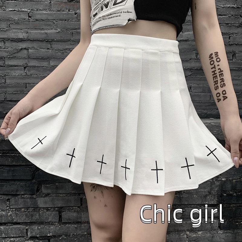 Phụ nữ cạp cao Gothic Punk Váy Mini nữ họa tiết chữ thập xếp li