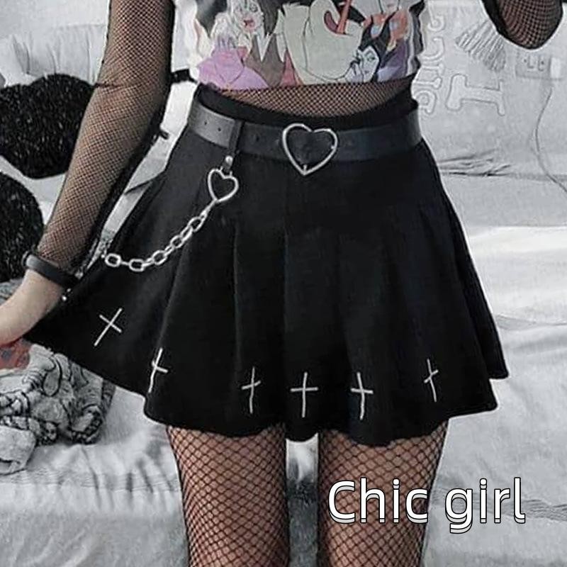 Phụ nữ cạp cao Gothic Punk Váy Mini nữ họa tiết chữ thập xếp li