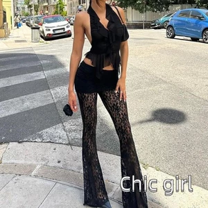 Phụ Nữ Thời Trang Mùa Hè Câu Lạc Bộ Quần Đen Cao Cấp Sheer Ren Hoa loe