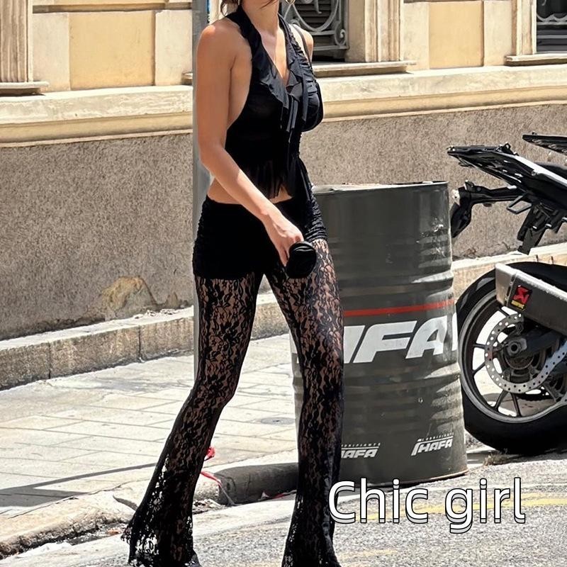Phụ Nữ Thời Trang Mùa Hè Câu Lạc Bộ Quần Đen Cao Cấp Sheer Ren Hoa loe
