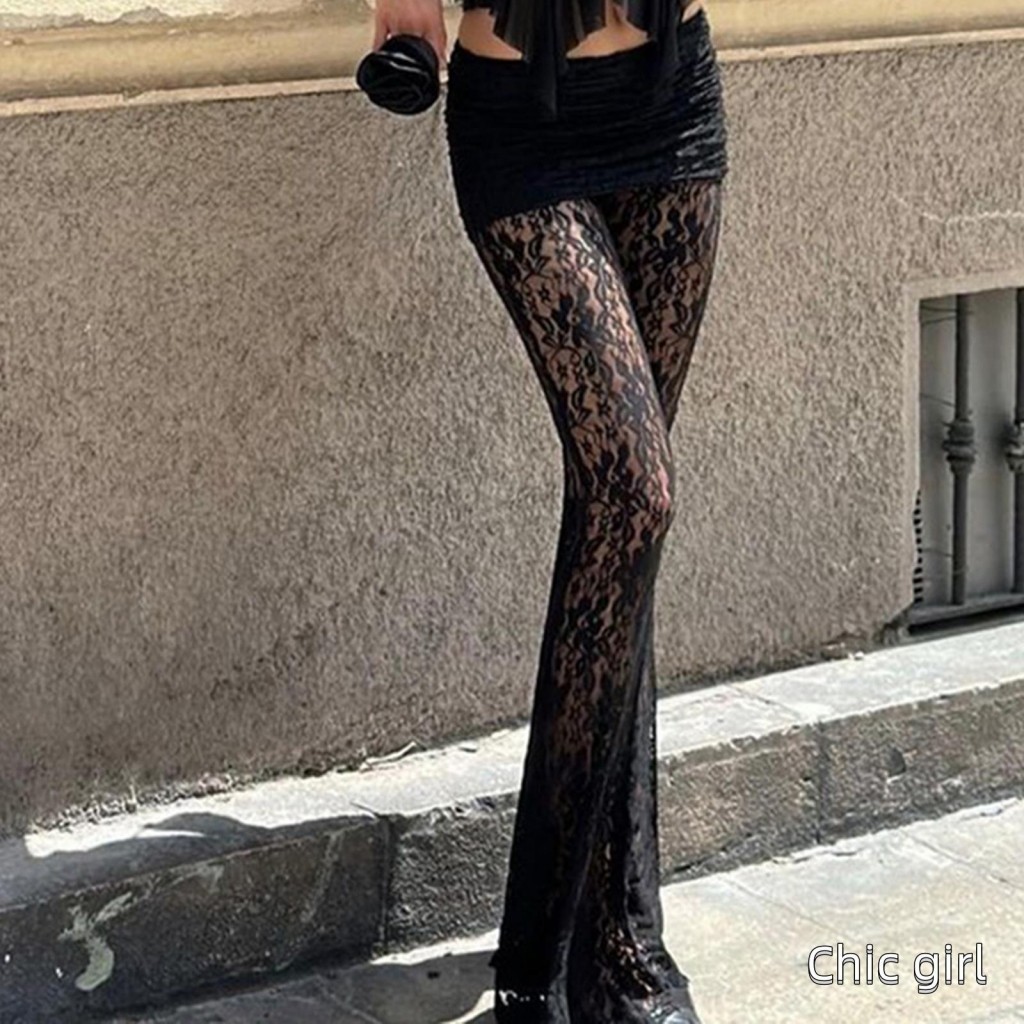Phụ Nữ Thời Trang Mùa Hè Câu Lạc Bộ Quần Đen Cao Cấp Sheer Ren Hoa loe