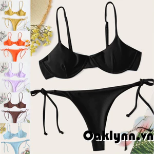 Bộ đồ bơi chia đôi màu trơn / Bikini cổ chữ V in hình + Quần lót buộc dây cho mùa hè