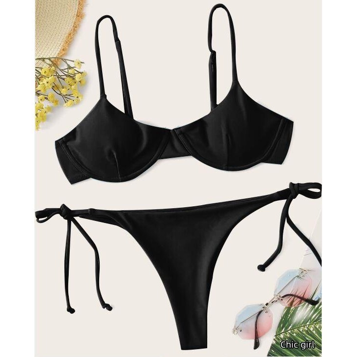 Bộ đồ bơi chia đôi màu trơn / Bikini cổ chữ V in hình + Quần lót buộc dây cho mùa hè