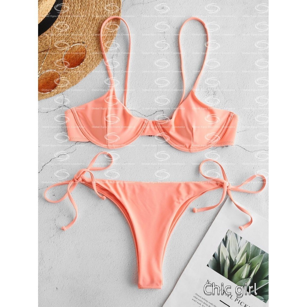 Bộ đồ bơi chia đôi màu trơn / Bikini cổ chữ V in hình + Quần lót buộc dây cho mùa hè