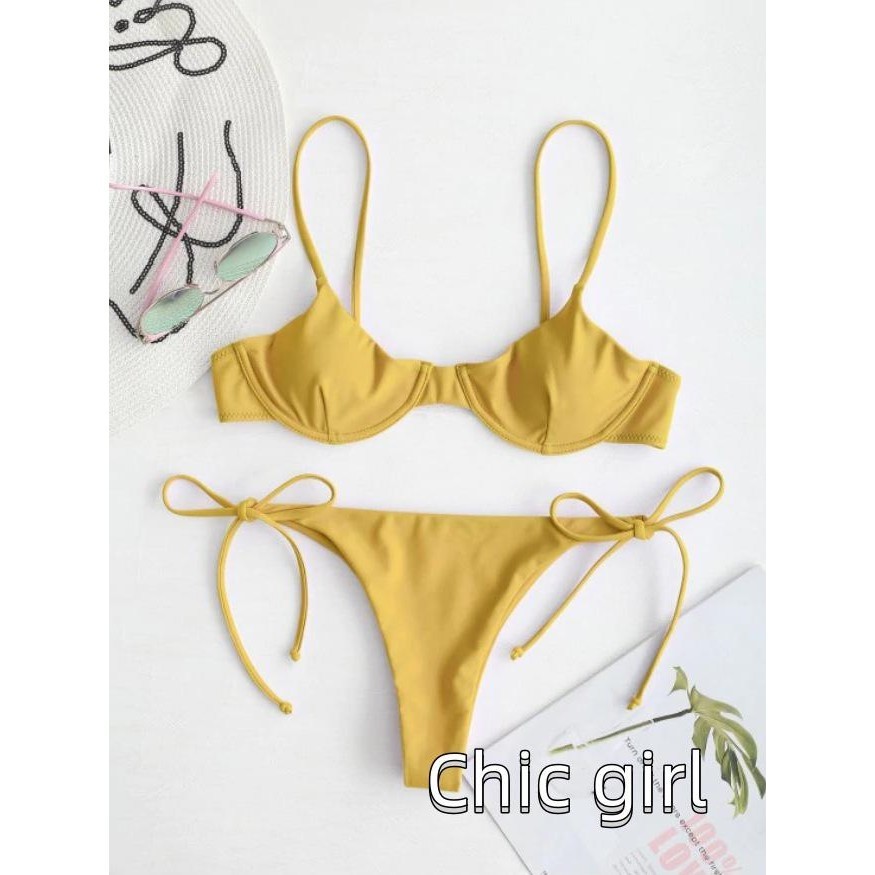 Bộ đồ bơi chia đôi màu trơn / Bikini cổ chữ V in hình + Quần lót buộc dây cho mùa hè