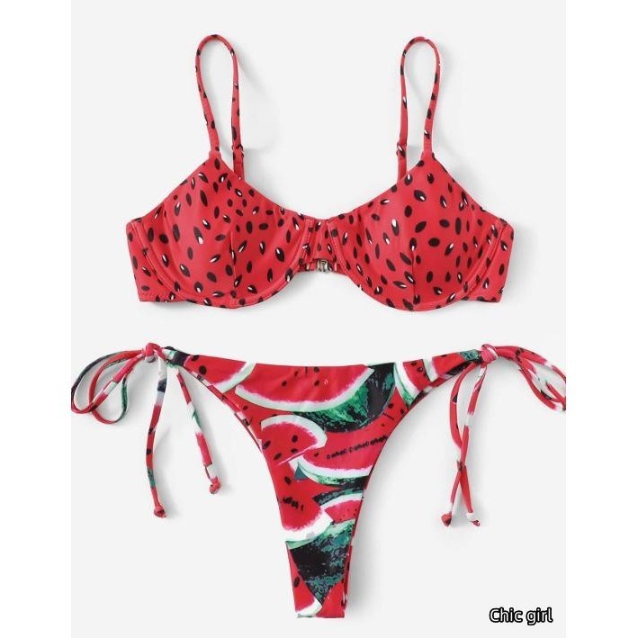 Bộ đồ bơi chia đôi màu trơn / Bikini cổ chữ V in hình + Quần lót buộc dây cho mùa hè