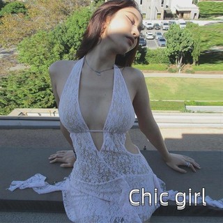 Phụ Nữ Mini Đầm Ren Cổ Chữ V Sâu Dây Cổ Không Tay Mùa Hè Xù Thắt Lưng Đảng