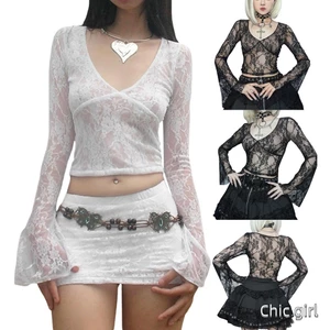 Phụ Nữ Ren Crop Tops Cổ Tích Grunge Cổ Chữ V Nhìn Xuyên Qua Sheer Lưới Áo Punk Slim Fit Dài Tay