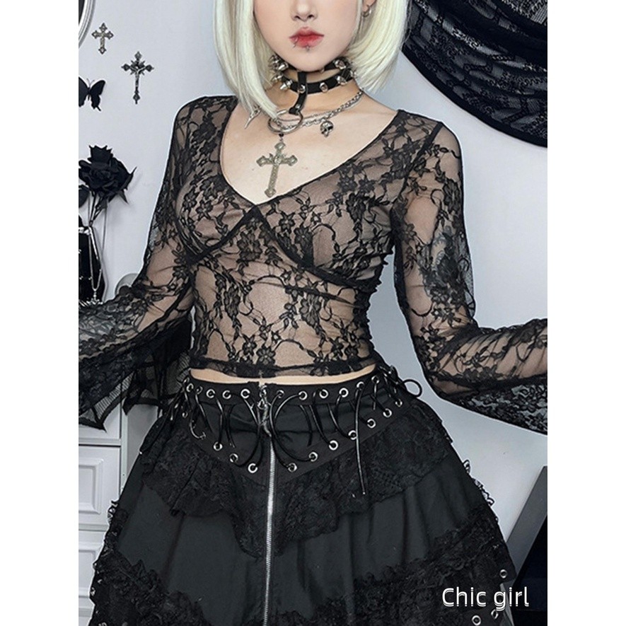 Phụ Nữ Ren Crop Tops Cổ Tích Grunge Cổ Chữ V Nhìn Xuyên Qua Sheer Lưới Áo Punk Slim Fit Dài Tay