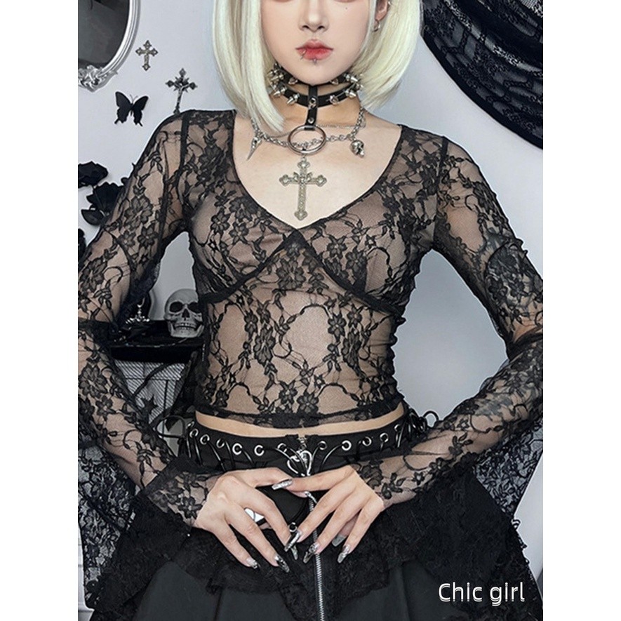 Phụ Nữ Ren Crop Tops Cổ Tích Grunge Cổ Chữ V Nhìn Xuyên Qua Sheer Lưới Áo Punk Slim Fit Dài Tay