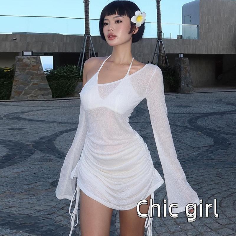 Rjqu-nữ Off-Shoulder Đầm Sheer Dây Rút Ruched Dài Tay Dự Tiệc Mini Cho Bãi Biển Cocktail Club Dạo Phố