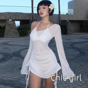 Rjqu-nữ Off-Shoulder Đầm Sheer Dây Rút Ruched Dài Tay Dự Tiệc Mini Cho Bãi Biển Cocktail Club Dạo Phố