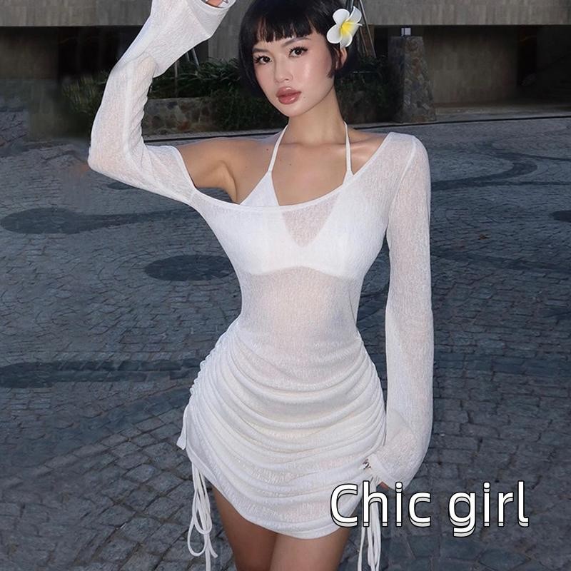 Rjqu-nữ Off-Shoulder Đầm Sheer Dây Rút Ruched Dài Tay Dự Tiệc Mini Cho Bãi Biển Cocktail Club Dạo Phố