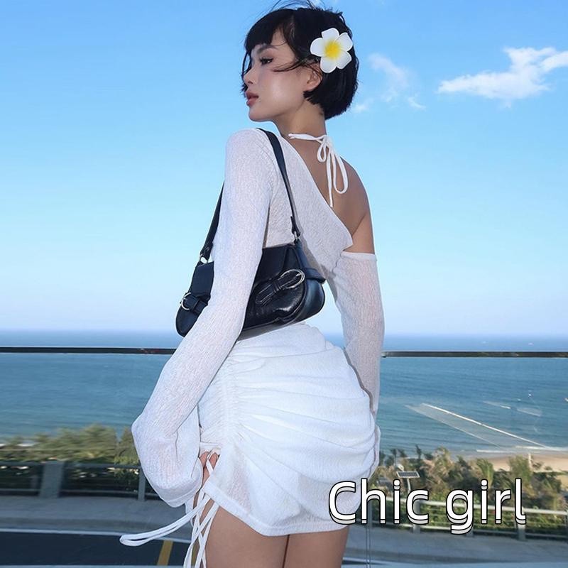 Rjqu-nữ Off-Shoulder Đầm Sheer Dây Rút Ruched Dài Tay Dự Tiệc Mini Cho Bãi Biển Cocktail Club Dạo Phố