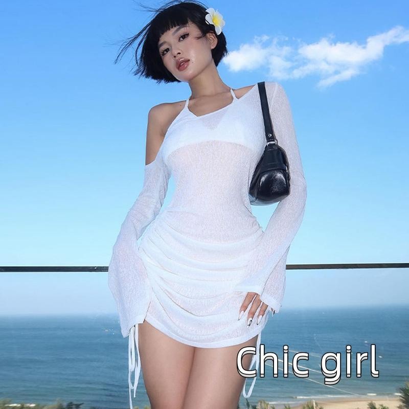 Rjqu-nữ Off-Shoulder Đầm Sheer Dây Rút Ruched Dài Tay Dự Tiệc Mini Cho Bãi Biển Cocktail Club Dạo Phố