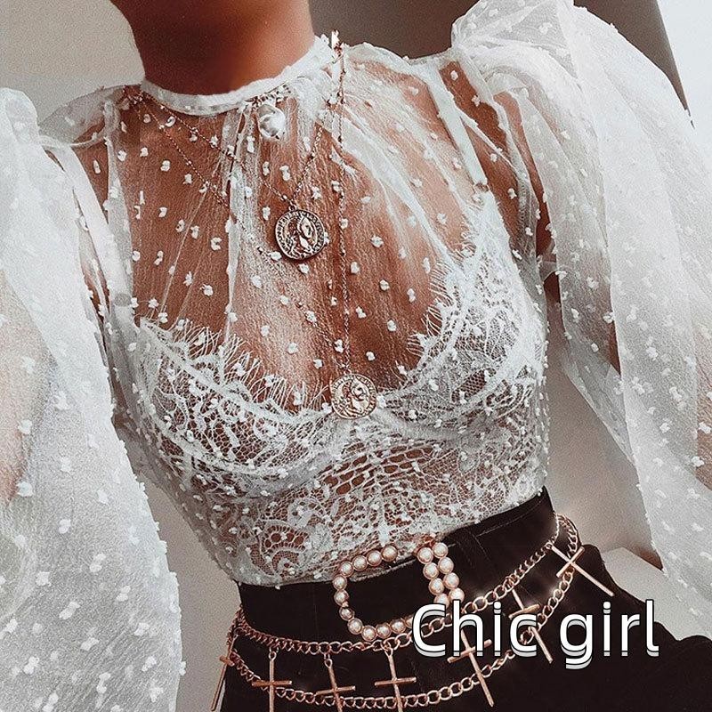 Nữ Gợi Cảm Xuyên Qua Áo Chui Đầu Màu Sóng Điểm Nửa Cổ Cao Cổ Áo Đen / Trắng S / M / L / XL