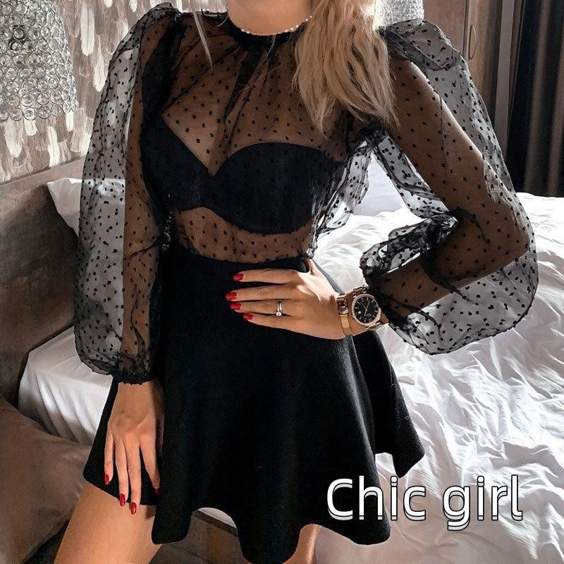 Nữ Gợi Cảm Xuyên Qua Áo Chui Đầu Màu Sóng Điểm Nửa Cổ Cao Cổ Áo Đen / Trắng S / M / L / XL