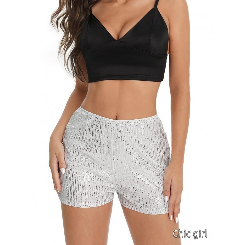 Nữ Mùa Hè Kim Sa Lấp Lánh Quần Short Giữa Eo Dây Đàn Hồi Lấp Lánh Chân Thẳng Quần Short Lấp Lánh Nóng Quần Cho Bữa Tiệc