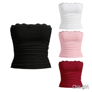 Phụ Nữ Mùa Hè Ống Áo Ren Chắp Vá Dây Cắt Bandeau Áo Sơ Mi Không Lưng Cho Dạo Phố Thẩm Mỹ Quần Áo Grunge