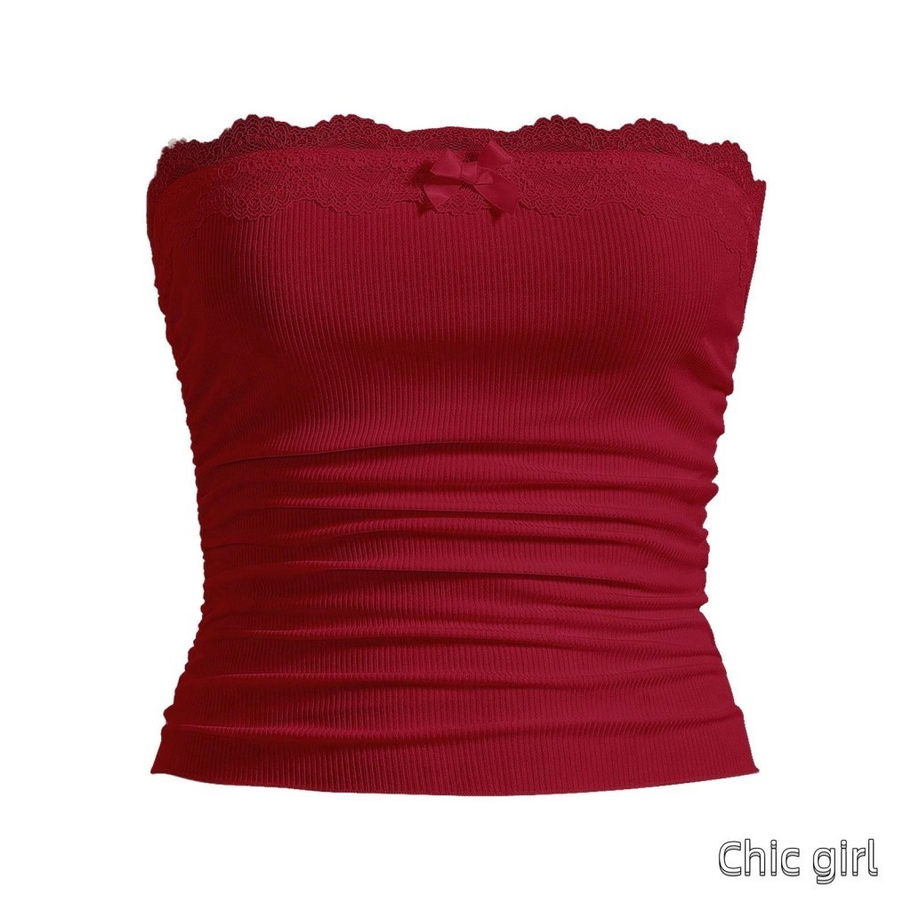 Phụ Nữ Mùa Hè Ống Áo Ren Chắp Vá Dây Cắt Bandeau Áo Sơ Mi Không Lưng Cho Dạo Phố Thẩm Mỹ Quần Áo Grunge