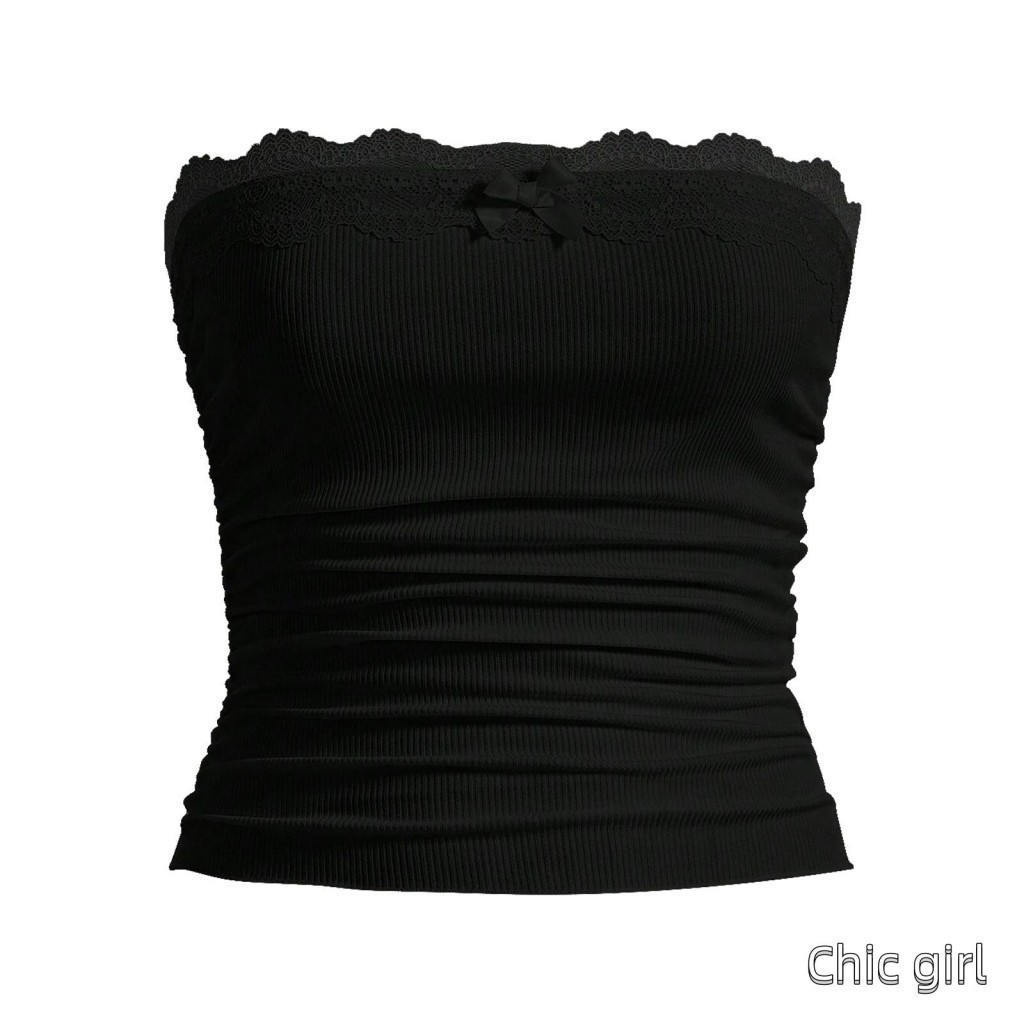 Phụ Nữ Mùa Hè Ống Áo Ren Chắp Vá Dây Cắt Bandeau Áo Sơ Mi Không Lưng Cho Dạo Phố Thẩm Mỹ Quần Áo Grunge