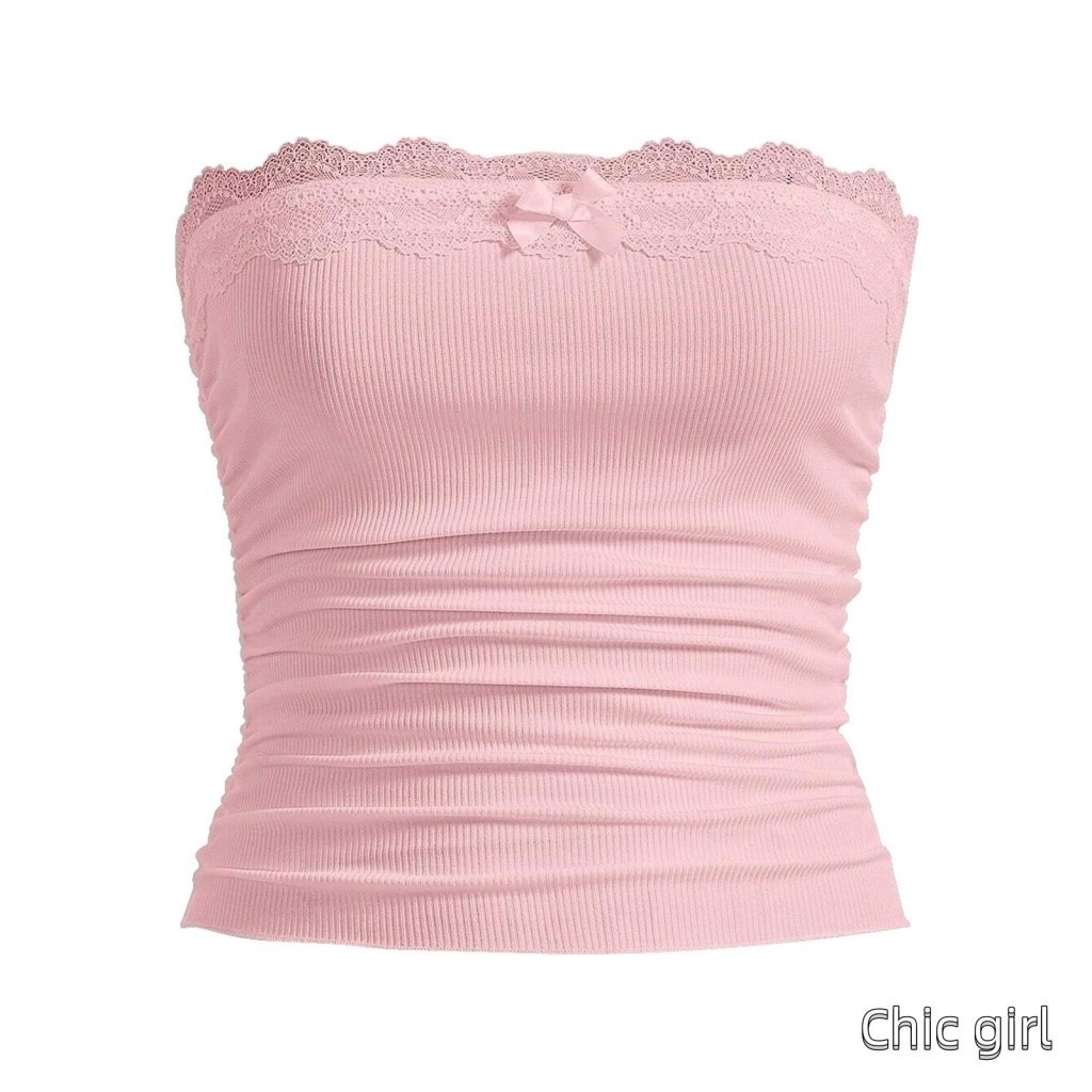 Phụ Nữ Mùa Hè Ống Áo Ren Chắp Vá Dây Cắt Bandeau Áo Sơ Mi Không Lưng Cho Dạo Phố Thẩm Mỹ Quần Áo Grunge