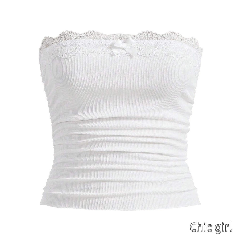 Phụ Nữ Mùa Hè Ống Áo Ren Chắp Vá Dây Cắt Bandeau Áo Sơ Mi Không Lưng Cho Dạo Phố Thẩm Mỹ Quần Áo Grunge